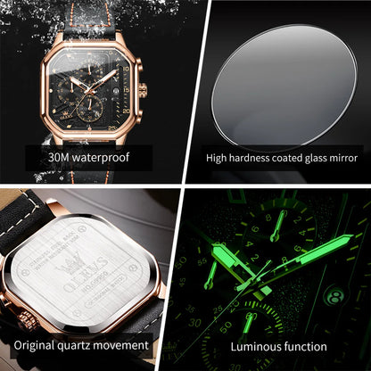 OLEVS 9950 Men's Watch - Square Sport, Waterproof, Leather Strap, Stopwatch, Backlight