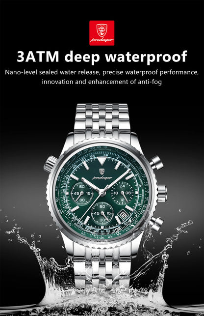 POEDAGAR 960 Men's Luxury Chronograph Watch - Stainless Steel, Luminous, 3ATM, Auto Date