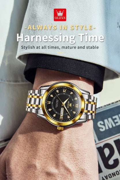 OLEVS 5513 Couple Watch - Stainless Steel, Waterproof, Luxury Gold Diamond, Lover's Pair