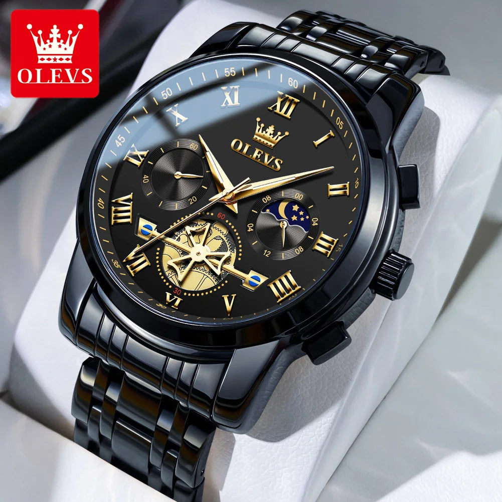 OLEVS 2859+2897 Couple Watch - Stainless Steel, Waterproof, Chronograph, Moon Phase, Flywheel