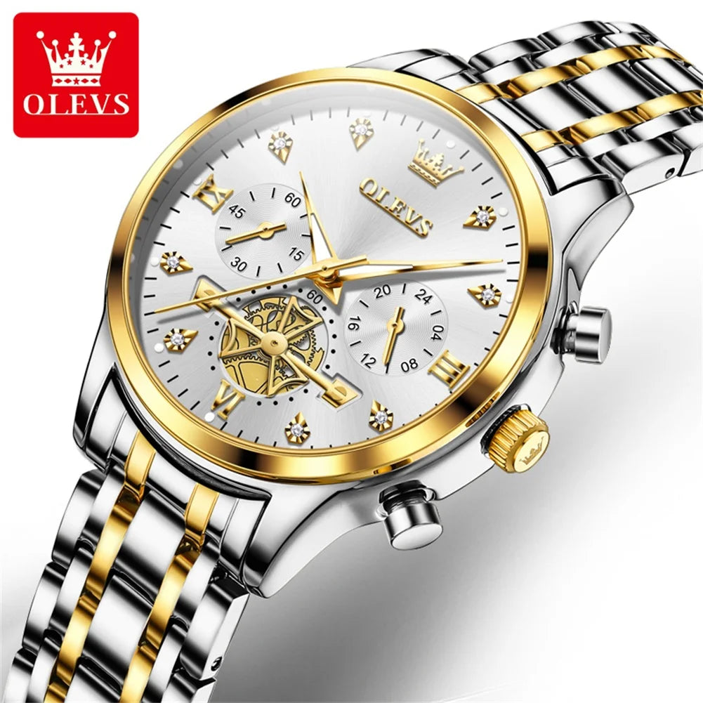 OLEVS 2859+2897 Couple Watch - Stainless Steel, Waterproof, Chronograph, Moon Phase, Flywheel