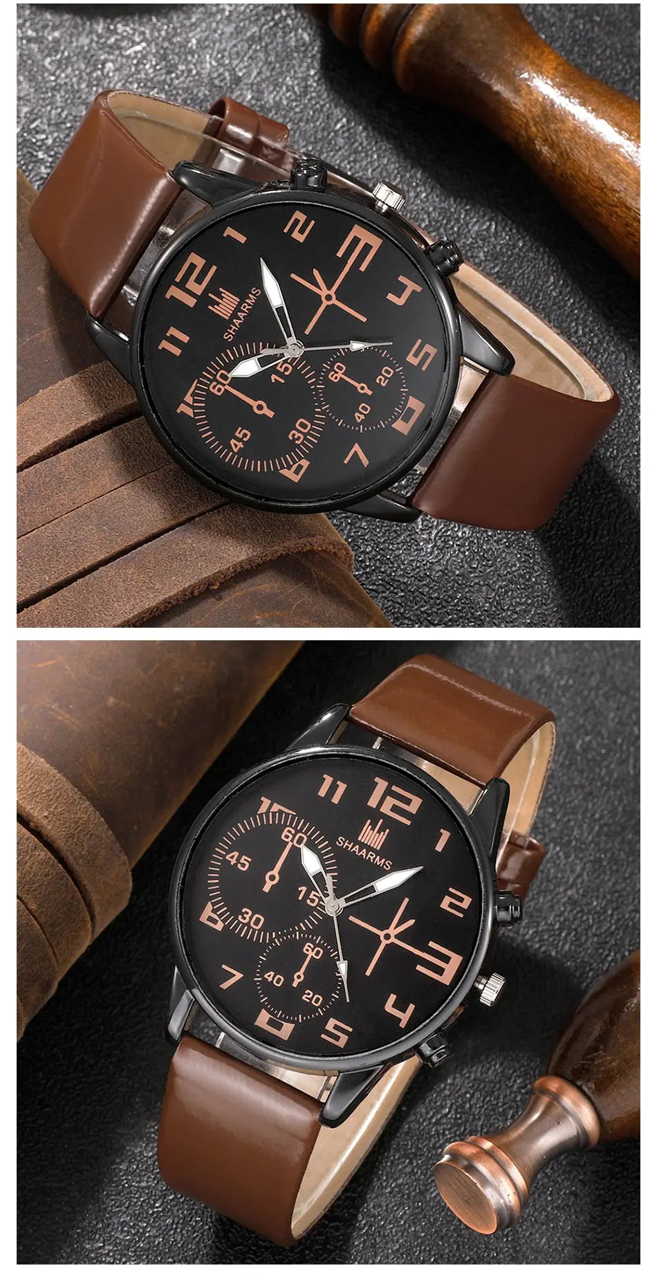 Men's 5pcs Retro Big Dial Quartz Watch & Bracelet Set - Leather Band, Arabic Numeral, 41mm