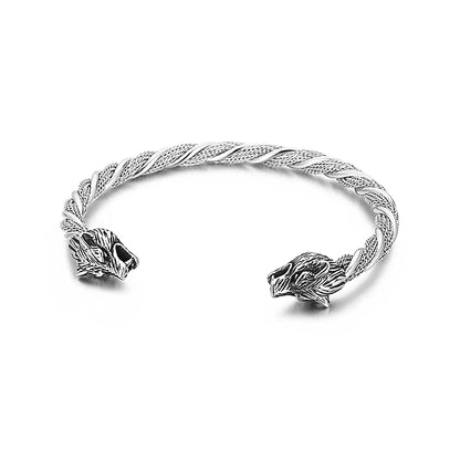 Viking Wolf Head Bracelet - Stainless Steel Open Cuff for Men