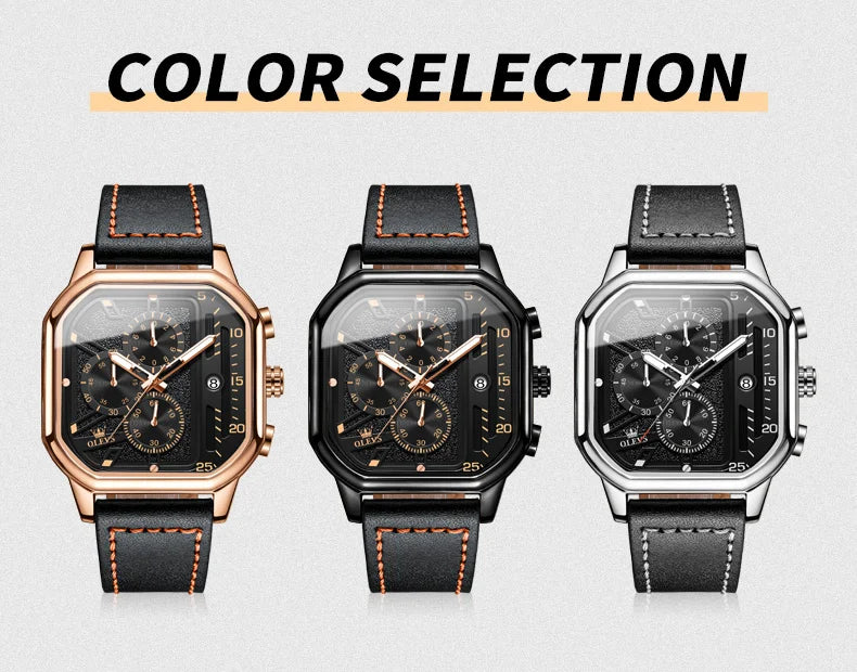 OLEVS 9950 Men's Watch - Square Sport, Waterproof, Leather Strap, Stopwatch, Backlight