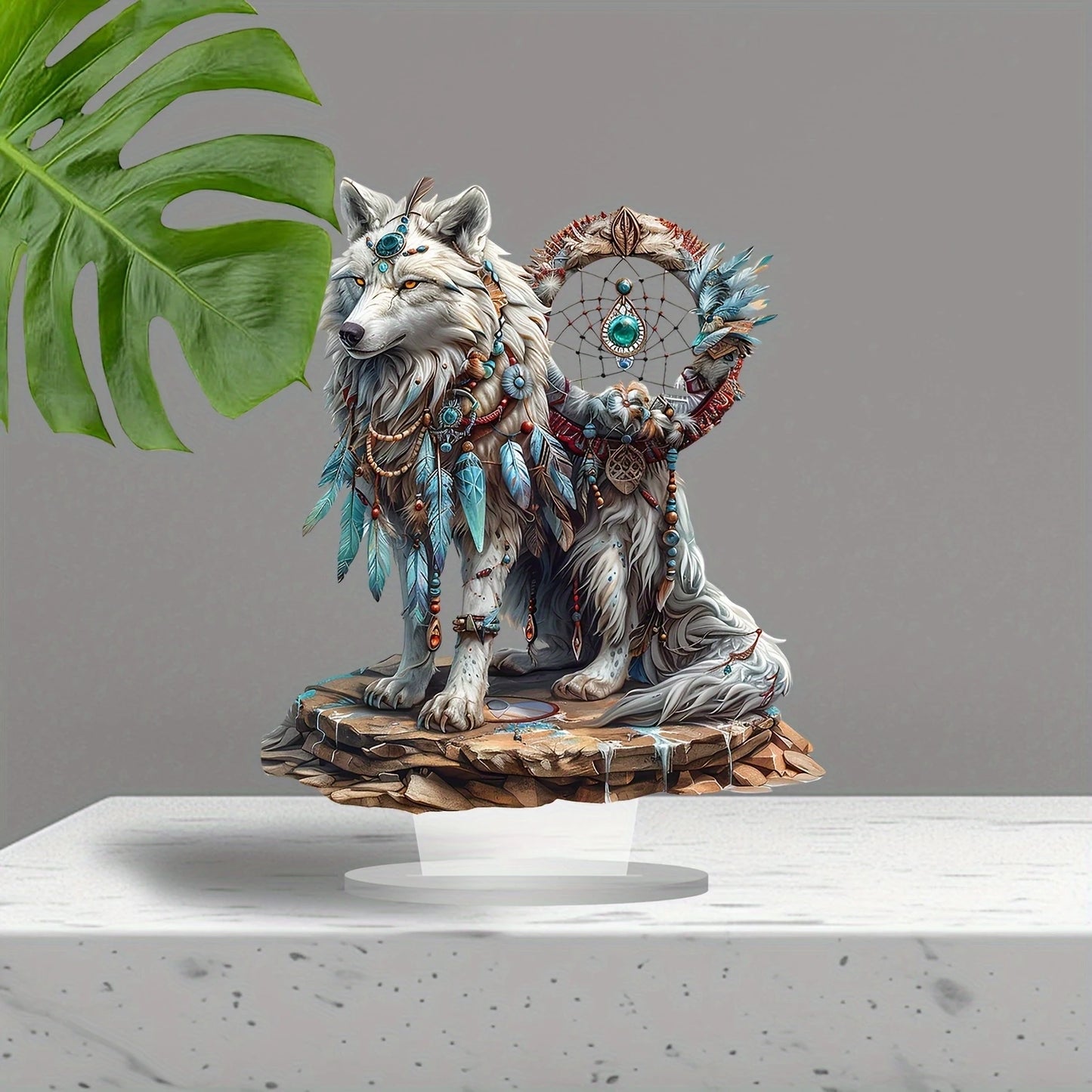 White Wolf Dream Catcher Acrylic Desk Decor - 10in 2D Tabletop Sign