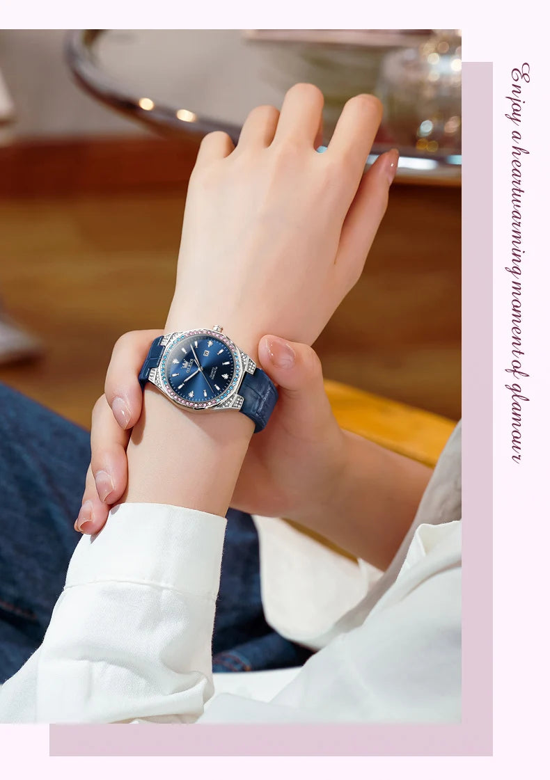 OLEVS 5606 Original Diamond Watch - Leather Strap, 3M Waterproof, Luminous