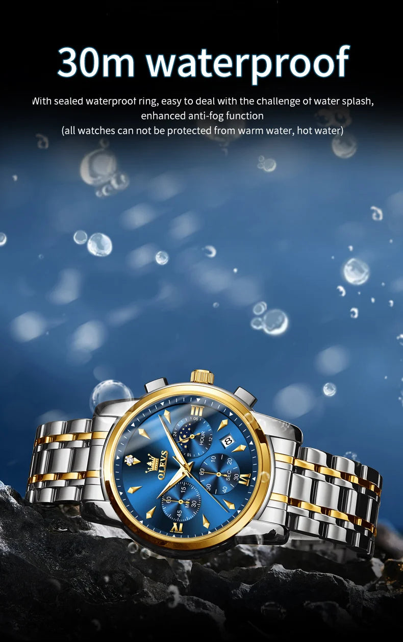 OLEVS Moon Phase Watch - Gold Blue Stainless Steel Chronograph