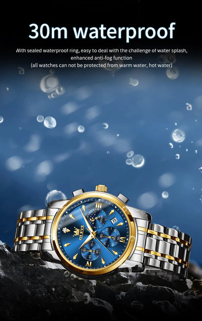 OLEVS Moon Phase Watch - Gold Blue Stainless Steel Chronograph