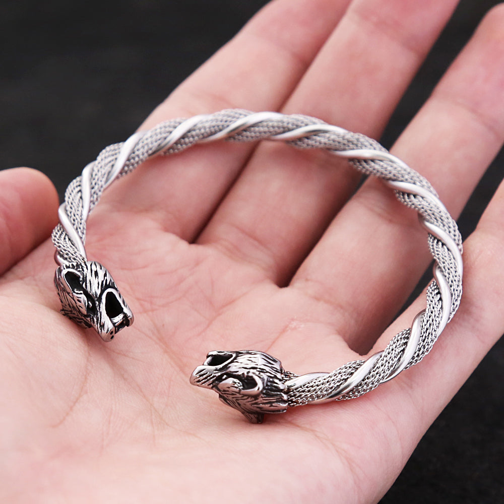 Viking Wolf Head Bracelet - Stainless Steel Open Cuff for Men