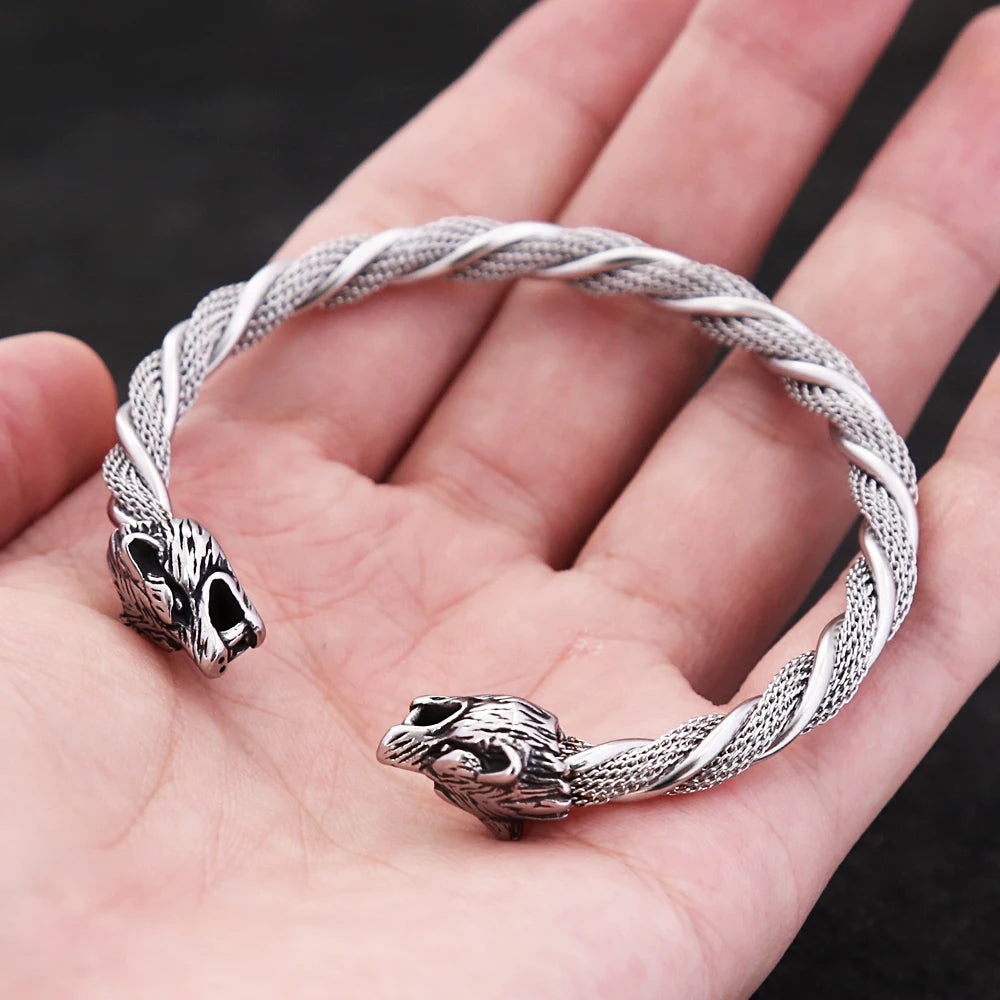 Viking Wolf Head Bracelet - Stainless Steel Open Cuff for Men