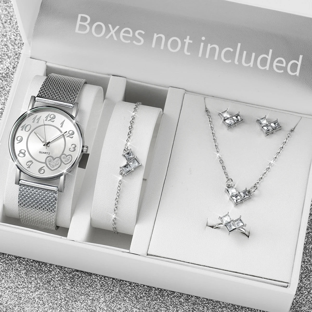 Women's Heart Dial Quartz Watch & Rhinestone Heart Jewelry Set - Plastic Band, 38mm, No Box