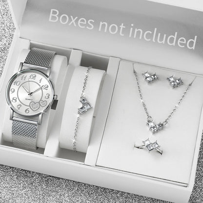 Women's Heart Dial Quartz Watch & Rhinestone Heart Jewelry Set - Plastic Band, 38mm, No Box