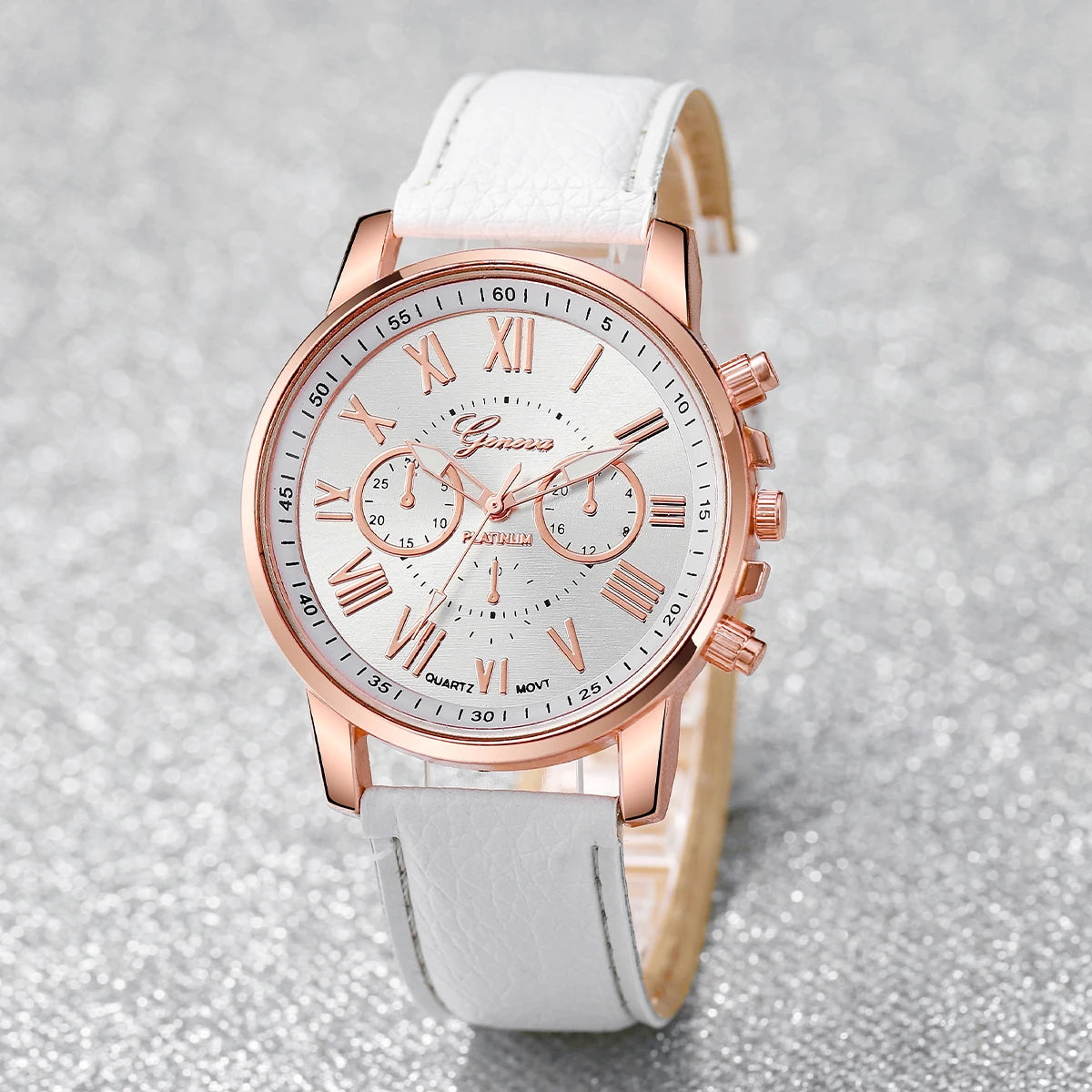 Women's 6pcs Quartz Watch & Diamond Jewelry Set - Leather Band, Roman Numeral, 42mm, No Box
