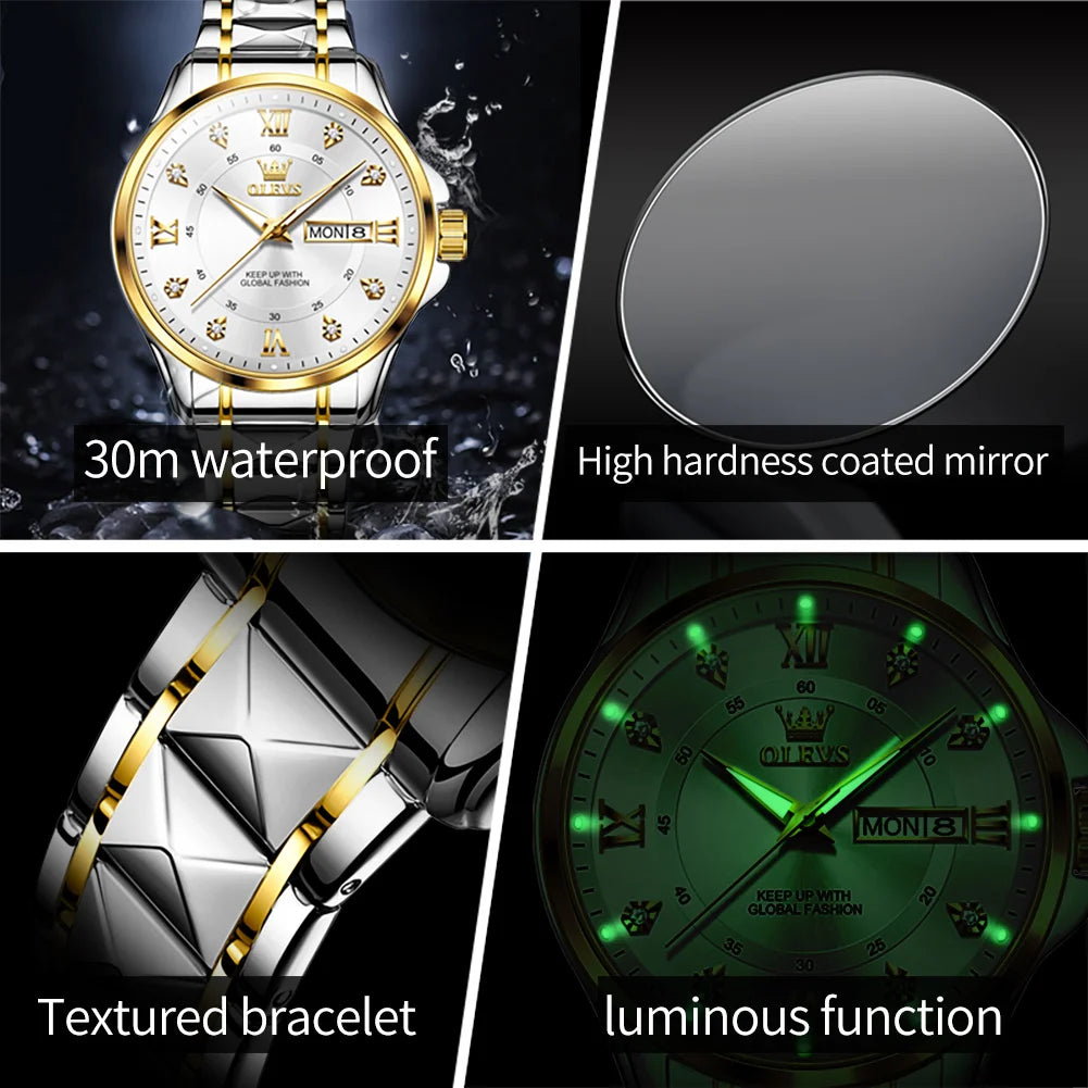 OLEVS 2906 Couple Watch - Roman Scale, Diamond Dial, Rhombus Strap, Waterproof