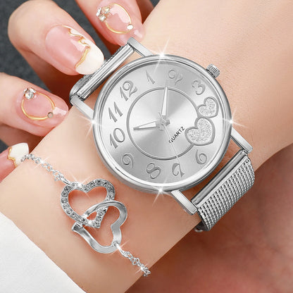 Women's Heart Dial Quartz Watch & Rhinestone Heart Jewelry Set - Plastic Band, 38mm, No Box