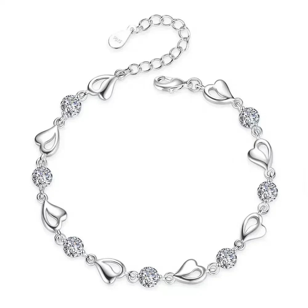 925 Sterling Silver Heart Necklace & Bracelet Set - Blue Crystal