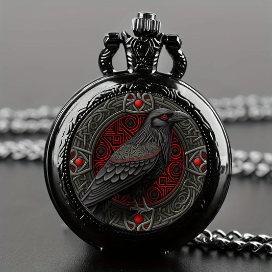 Vintage Crow Pocket Watch - Black Necklace Gift for Kids