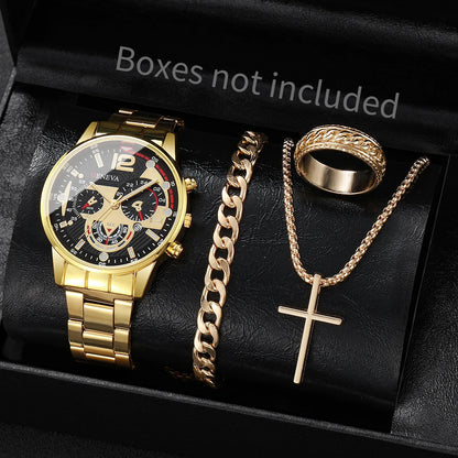 yolako 4pcs Men's Business Quartz Watch, Necklace, Bracelet & Ring Set - Alloy Band, Arabic Numeral, 42mm