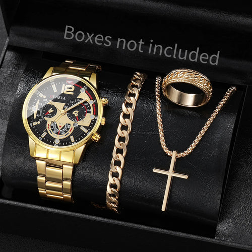 yolako 4pcs Men's Business Quartz Watch, Necklace, Bracelet & Ring Set - Alloy Band, Arabic Numeral, 42mm