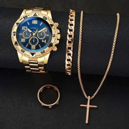 yolako 4pcs Men's Quartz Watch Jewelry Set - Watch, Bracelet, Necklace & Ring, 45mm, No Box
