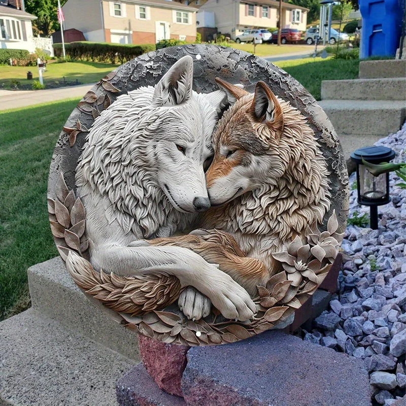 Wolf Couple Metal Wall Art - 8" Aluminum Round