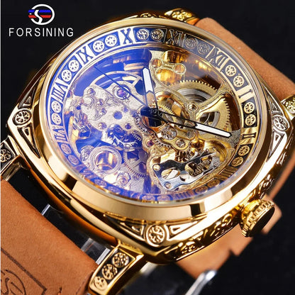 FORSINING Men’s Skeleton Automatic Watch with Genuine Leather Strap