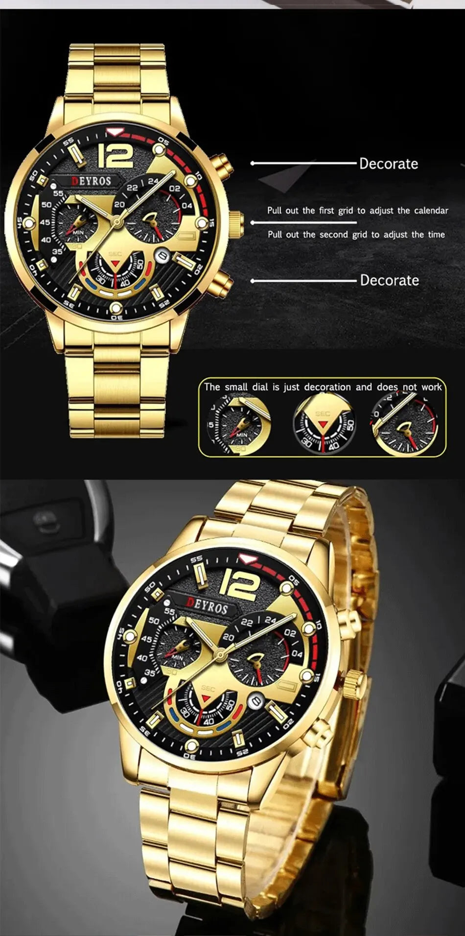 DEYROS 3pcs Men's Quartz Watch, Necklace & Bracelet Set - Stainless Steel, Hardlex, Auto Date