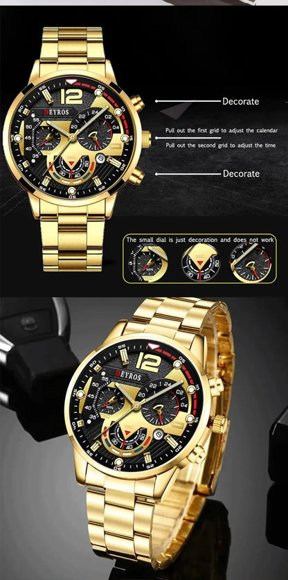 DEYROS 3pcs Men's Quartz Watch, Necklace & Bracelet Set - Stainless Steel, Hardlex, Auto Date
