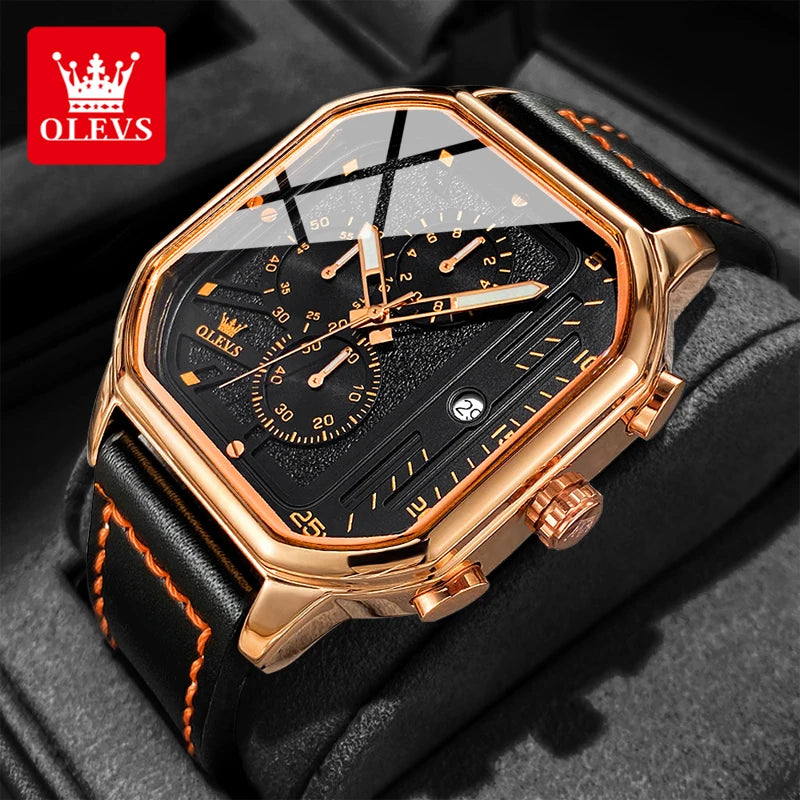 OLEVS 9950 Men's Watch - Square Sport, Waterproof, Leather Strap, Stopwatch, Backlight