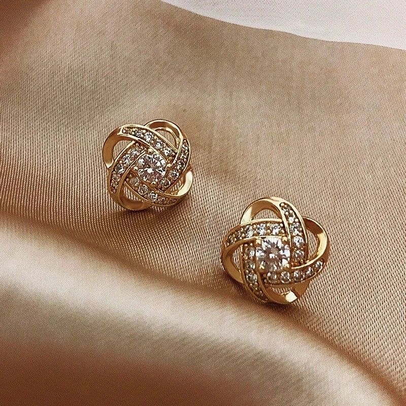 14K Gold Stud Earrings - Zircon and Pearl Twist Design