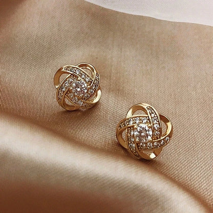 14K Gold Stud Earrings - Zircon and Pearl Twist Design