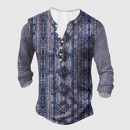 3D Wolf Men's T-Shirt - Polyester Long Sleeve Henry Collar