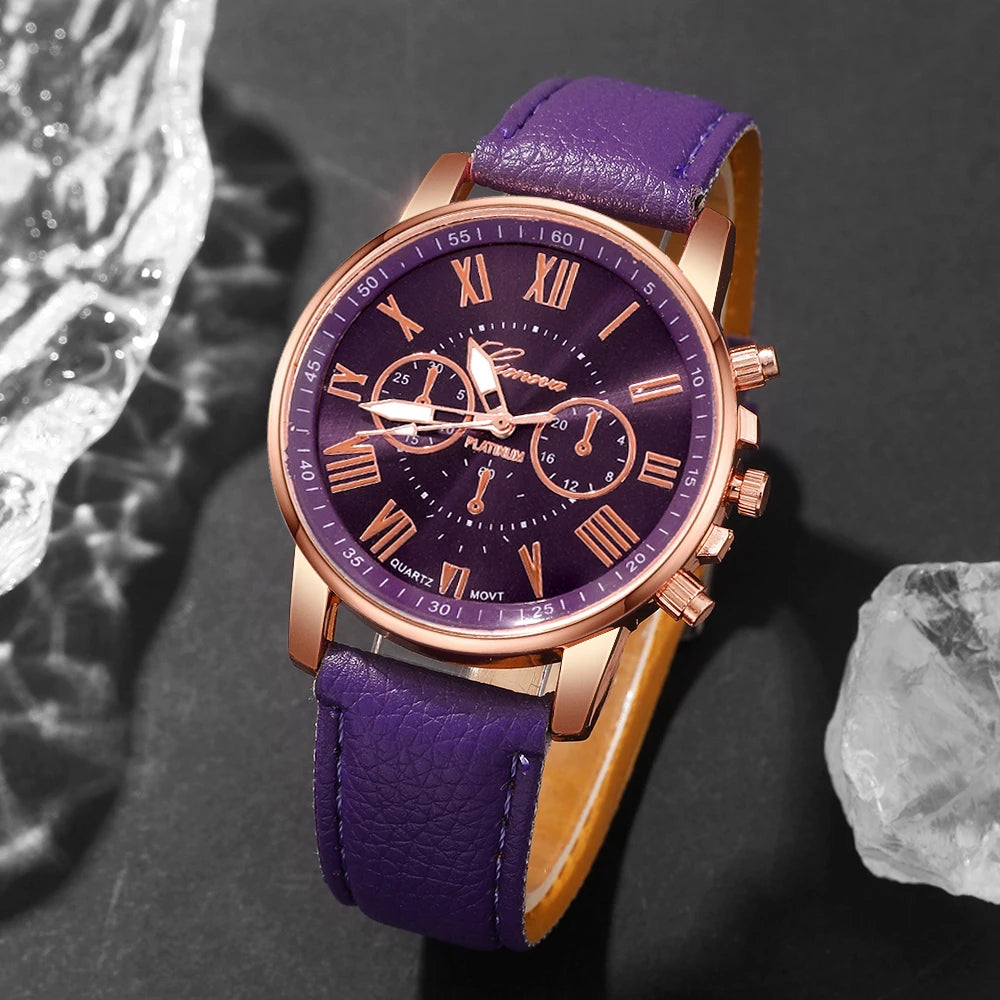 Women's Quartz Watch & Bracelet Set – Roman Numeral, Leather Band
