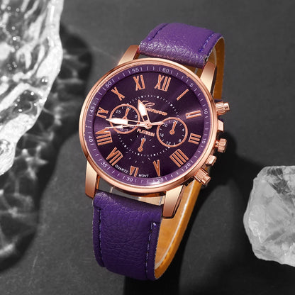 Women's Quartz Watch & Bracelet Set – Roman Numeral, Leather Band