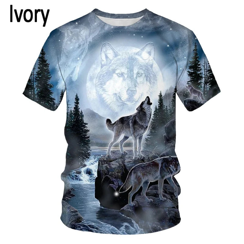 3D Wolf Printed T-Shirt - Polyester Spandex Short Sleeve Graphic Tee