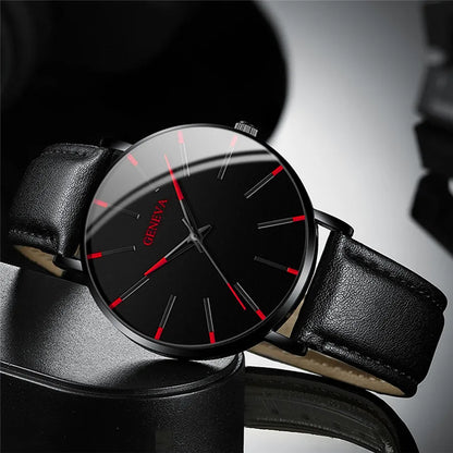 yolako 3pcs Men's Quartz Watch, Bracelet & Necklace Set - Leather Band, Numberless Dial, 41mm