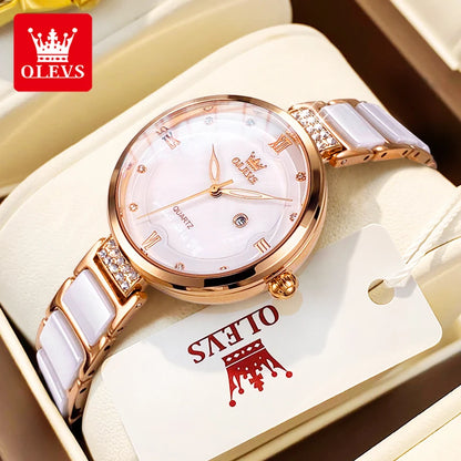 OLEVS 5589 Luxury Diamond Women's Watch - Ceramic Band, Roman Numeral, 3ATM, Bracelet Set