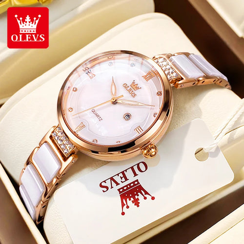 OLEVS 5589 Luxury Diamond Women's Watch - Ceramic Band, Roman Numeral, 3ATM, Bracelet Set