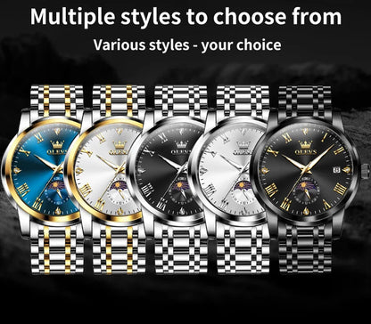 OLEVS Top Brand Men's Watches Fashion Original Quartz Watch for Man Waterproof Stainless Steel Luminous Wristwatch Moon Phase