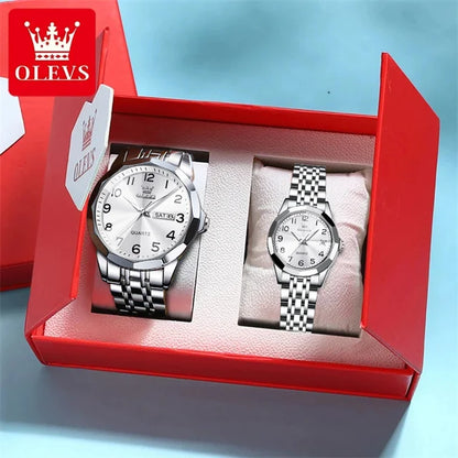 OLEVS 9970 Couple Watch - Luxury, Stainless Steel, Waterproof, Calendar, Digital Dial, Rhombus Mirror