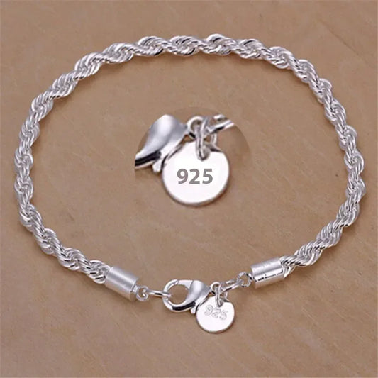 925 Sterling Silver 4mm Twisted Rope Bracelet - Unisex