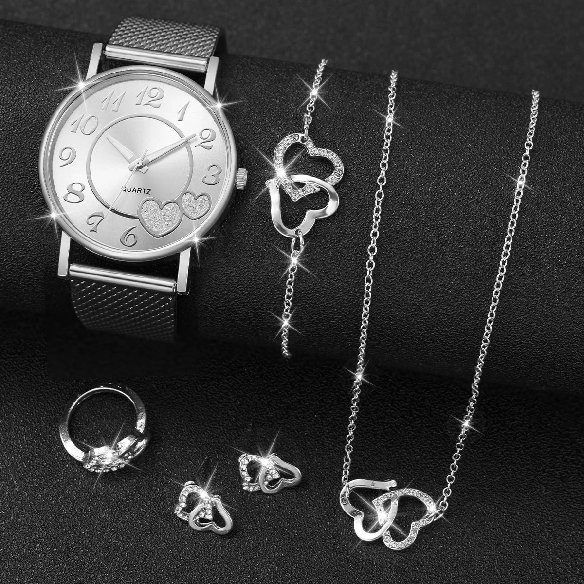 Women's Heart Dial Quartz Watch & Rhinestone Heart Jewelry Set - Plastic Band, 38mm, No Box