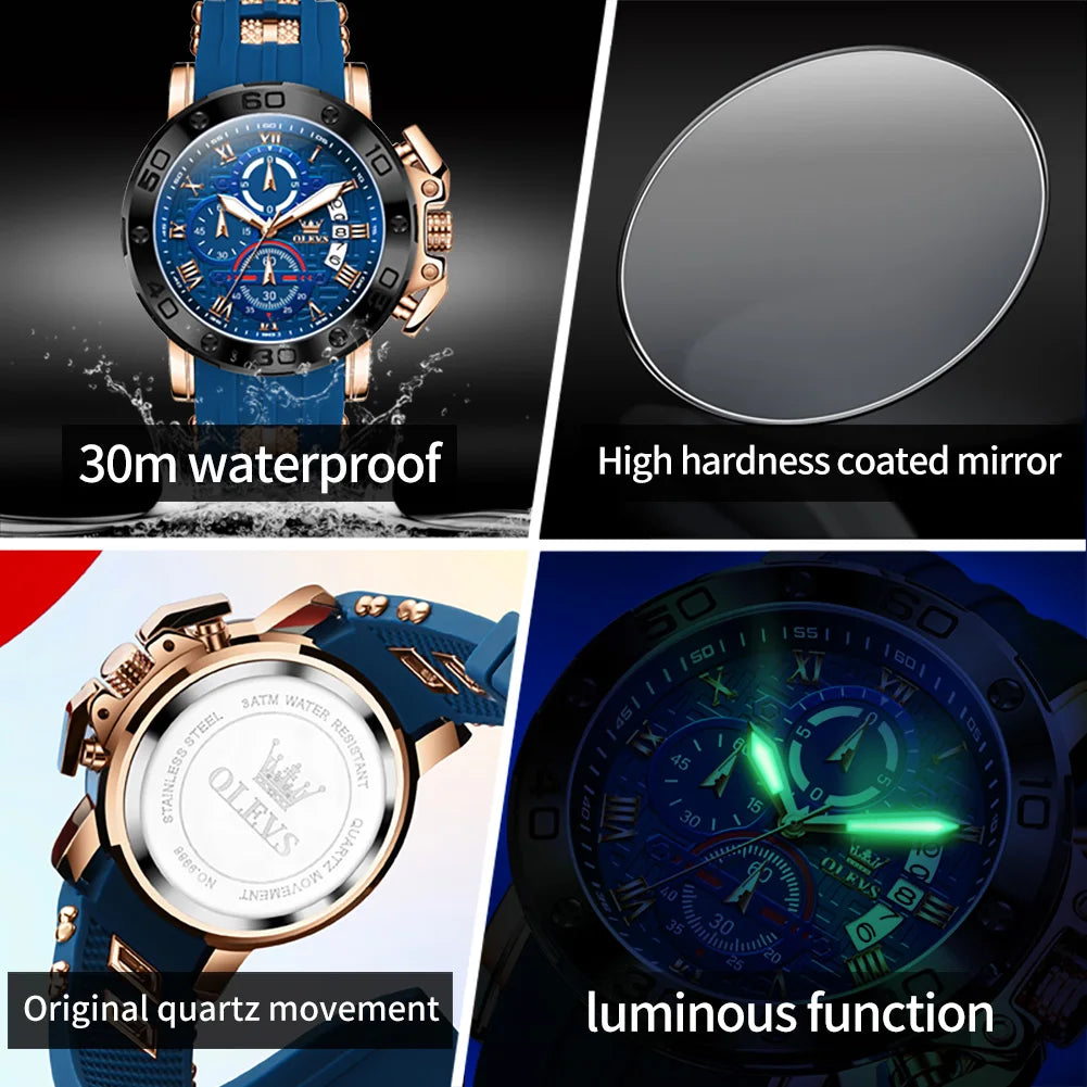 OLEVS 9986 Men's Watch - 51mm Large Dial, Silicone Strap, Waterproof, Chronograph, Luminous