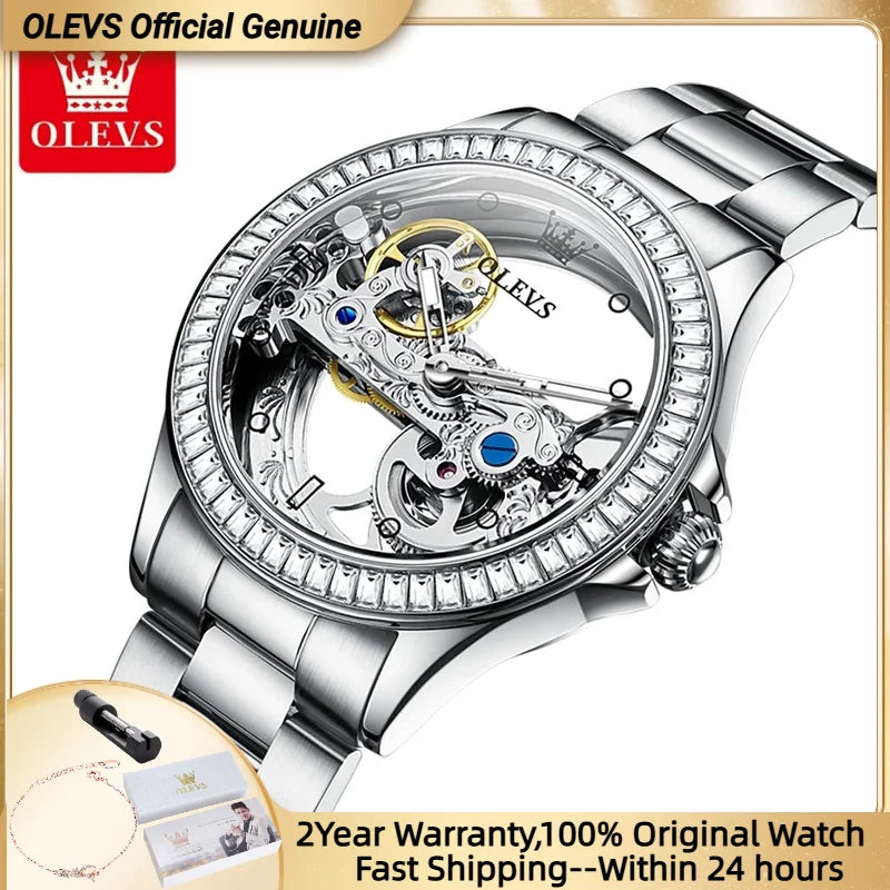 OLEVS 6699 Automatic Mechanical Watch - Transparent 40mm Big Dial, Bracelet Set, Luxury