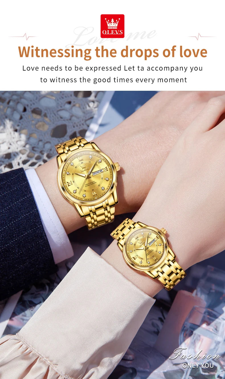 OLEVS 5513 Couple Watch - Stainless Steel, Waterproof, Luxury Gold Diamond, Lover's Pair