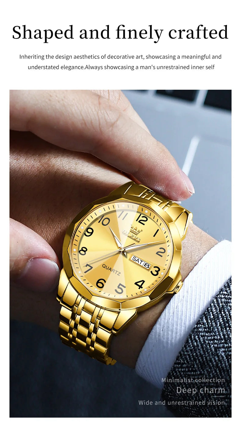 OLEVS 9970 Couple Watch - Luxury, Stainless Steel, Waterproof, Calendar, Digital Dial, Rhombus Mirror