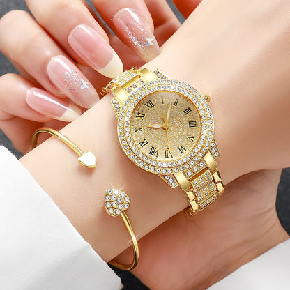 Women's Diamond Roman Numeral Quartz Watch & Heart Jewelry Set - Alloy Band, 32mm, No Box