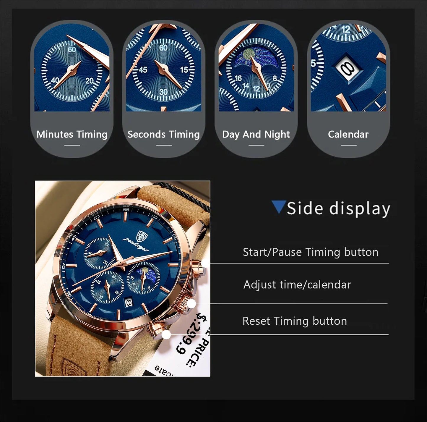 POEDAGAR 928 Men's Luxury Sport Watch - Leather Band, Luminous, Diver, 3ATM, Auto Date