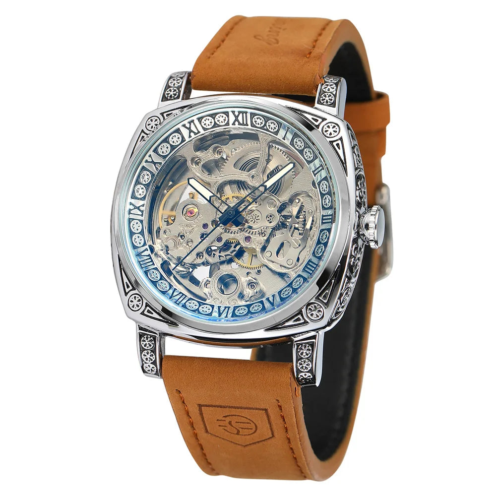 FORSINING Men’s Skeleton Automatic Watch with Genuine Leather Strap