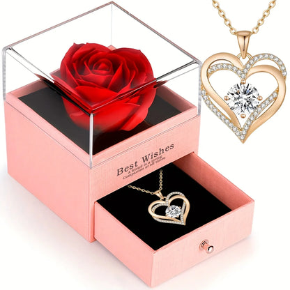 Rose Gift Set with Heart Pendant Necklace - Gift for Her